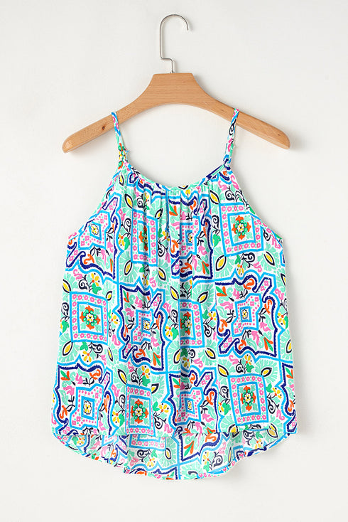 Artistic Floral Abstract Textured Rhinestone Detail Spaghetti Strap Summer Tank